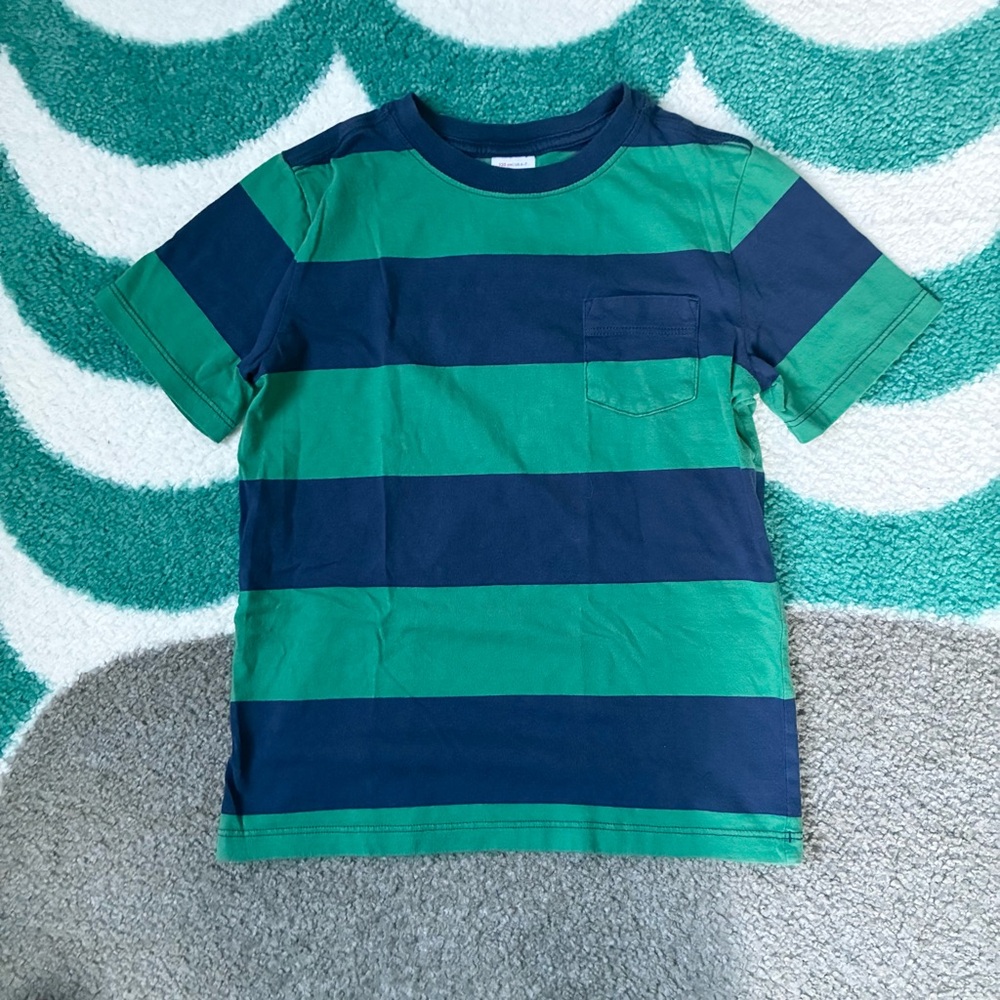 Hanna Andersson Striped Jersey Pocket Tee (Navy/Green) Size 6-7